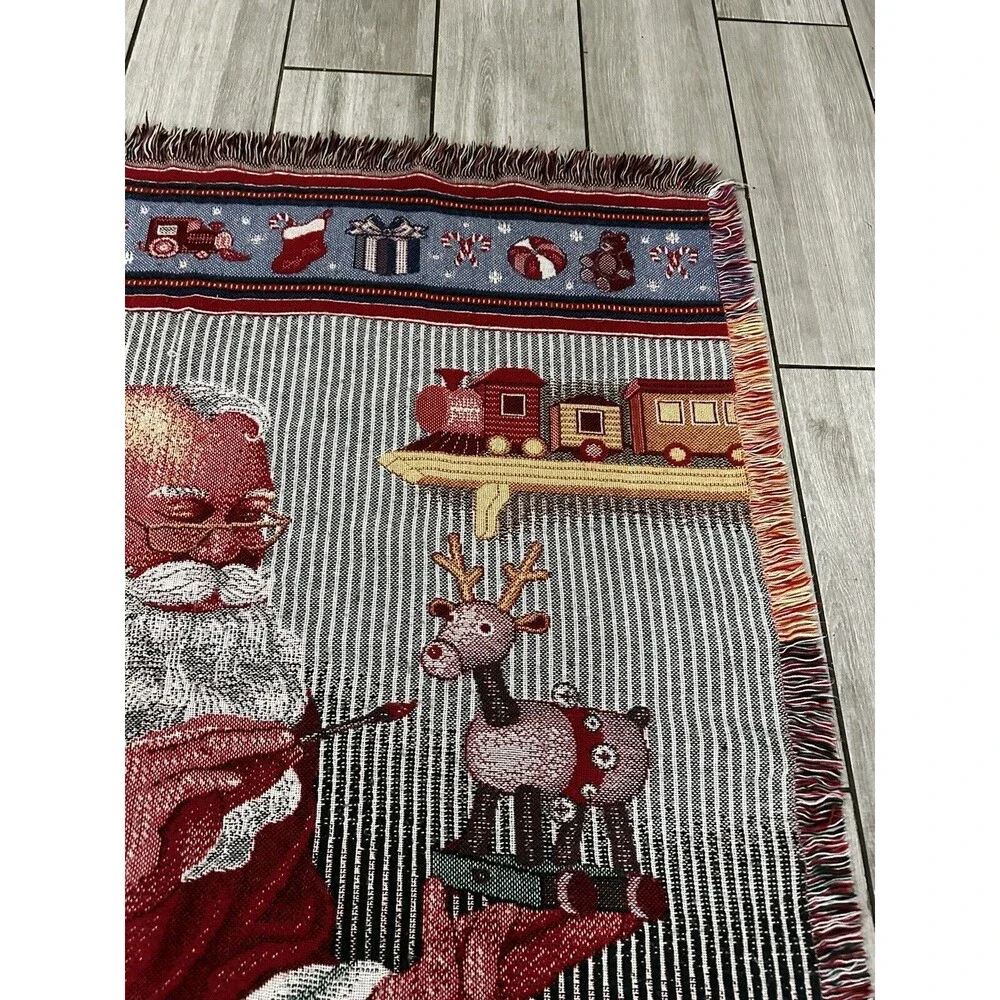 Vintage Santa Claus Christmas Tapestry Throw Blanket Santas Workshop Decor 51x58